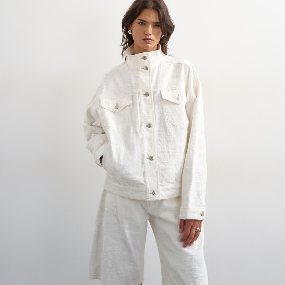 Topshop denim funnel neck elastic waist jacket in distressed ecru